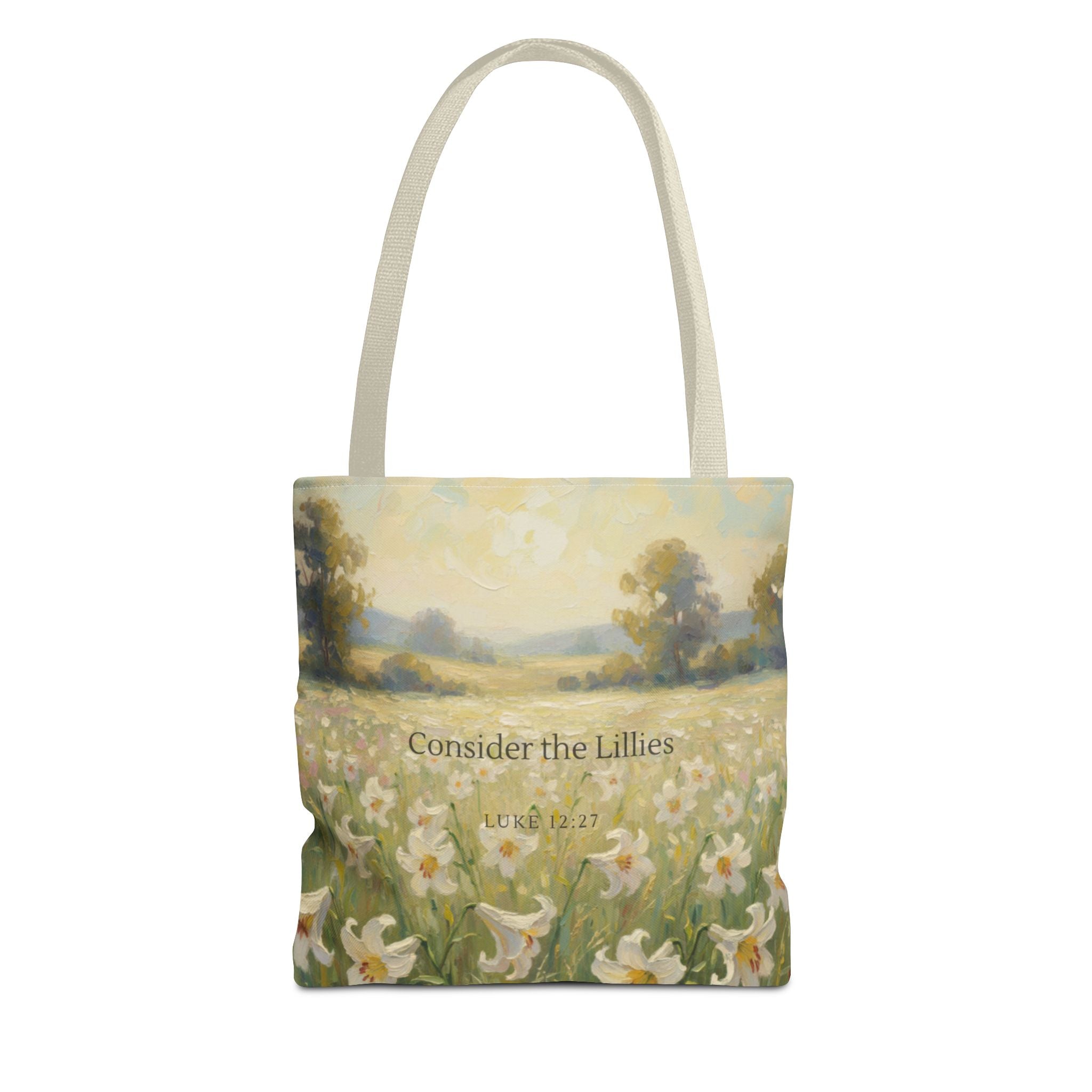 Consider the Lilies | Luke 12:27 Scripture Illustration | Christian Scripture Art Tote