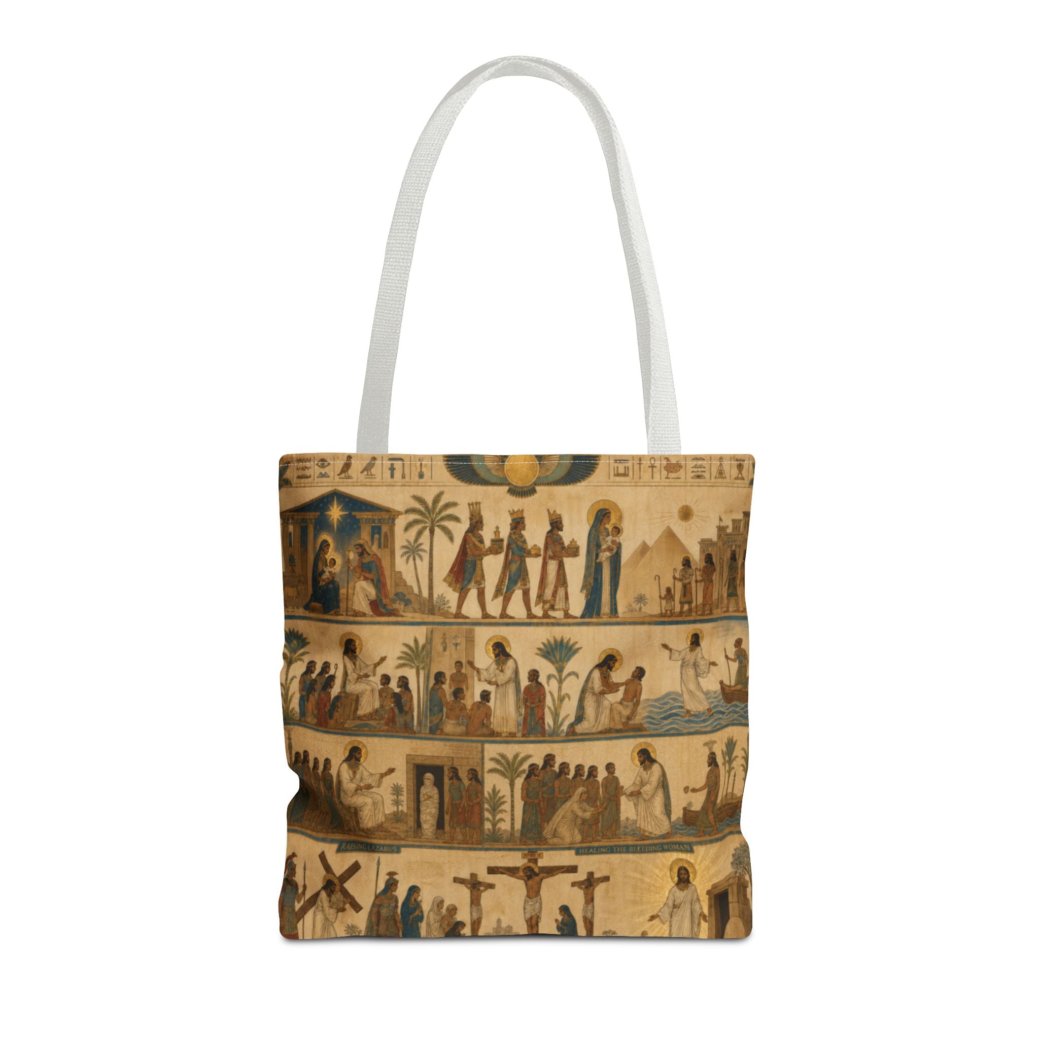 The Story of Jesus Told Through Hieroglyphics | Christian Scripture Art Tote