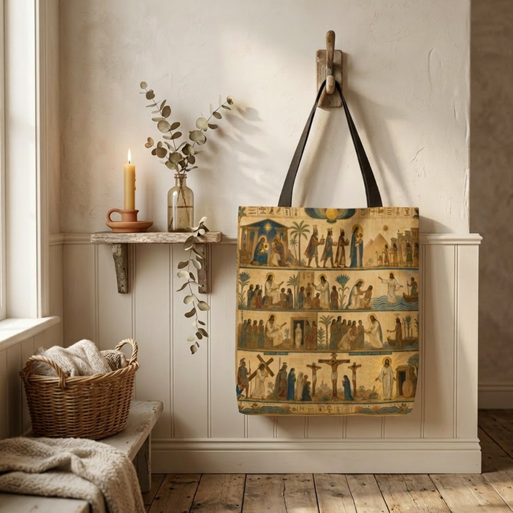 The Story of Jesus Told Through Hieroglyphics | Christian Scripture Art Tote