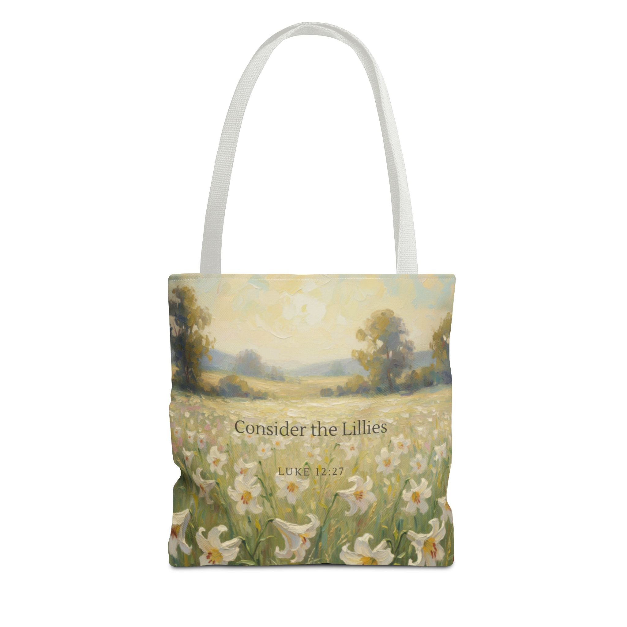 Consider the Lilies | Luke 12:27 Scripture Illustration | Christian Scripture Art Tote