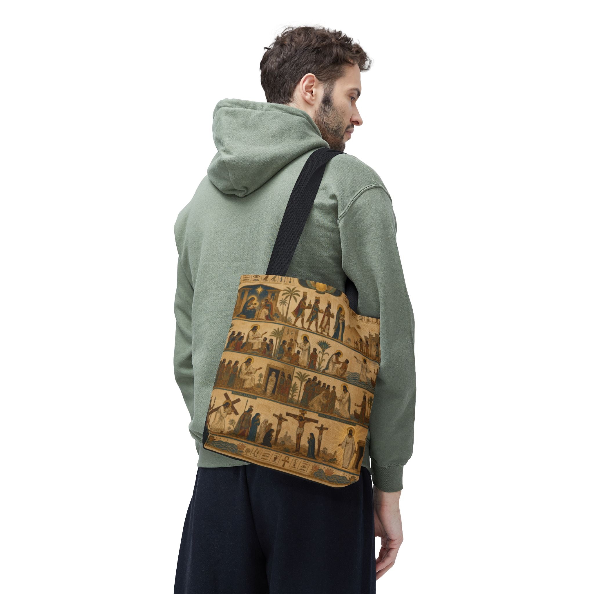 The Story of Jesus Told Through Hieroglyphics | Christian Scripture Art Tote