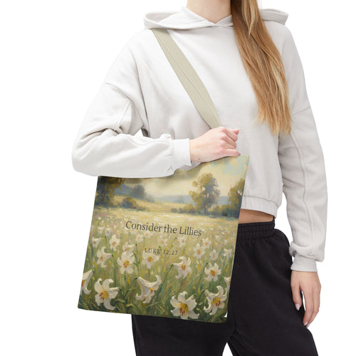 Consider the Lilies | Luke 12:27 Scripture Illustration | Christian Scripture Art Tote